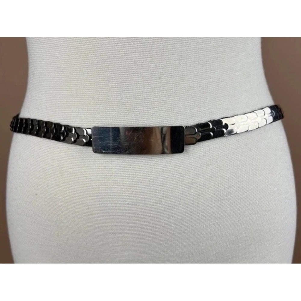 Vintage 80s Silver Tone Metal Stretch Belt Shiny Chrome Plate Mirror Waist Cinch